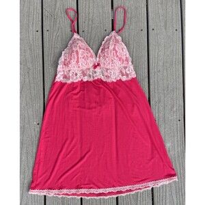 Victoria’s Secret Pink Lace Chemise Slip Dress L Triangle Cups Keyhole Back Y2K